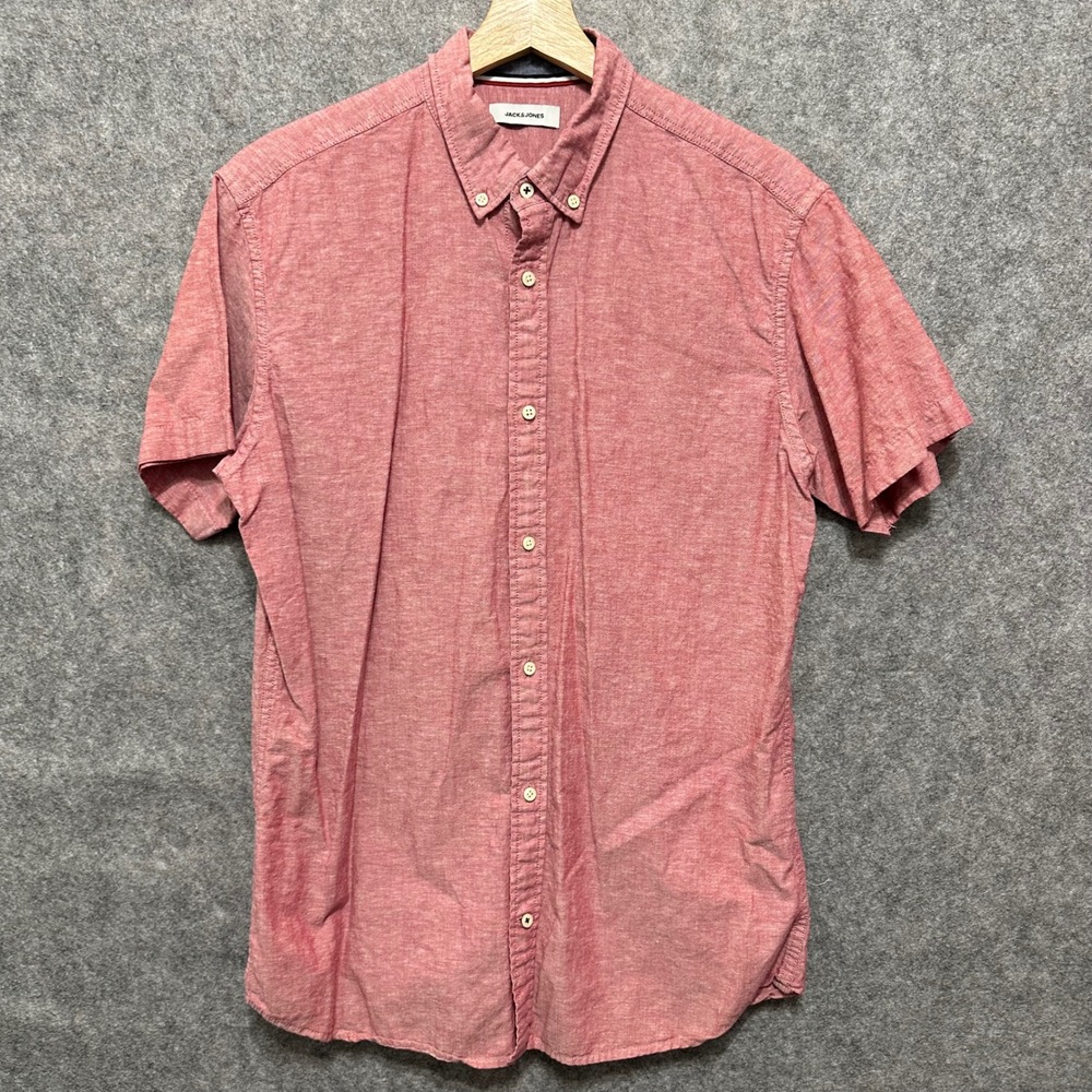 Jack & Jones Button‎ Down Shirt Mens Large Red Cotton Linen Short Sleeve Casual